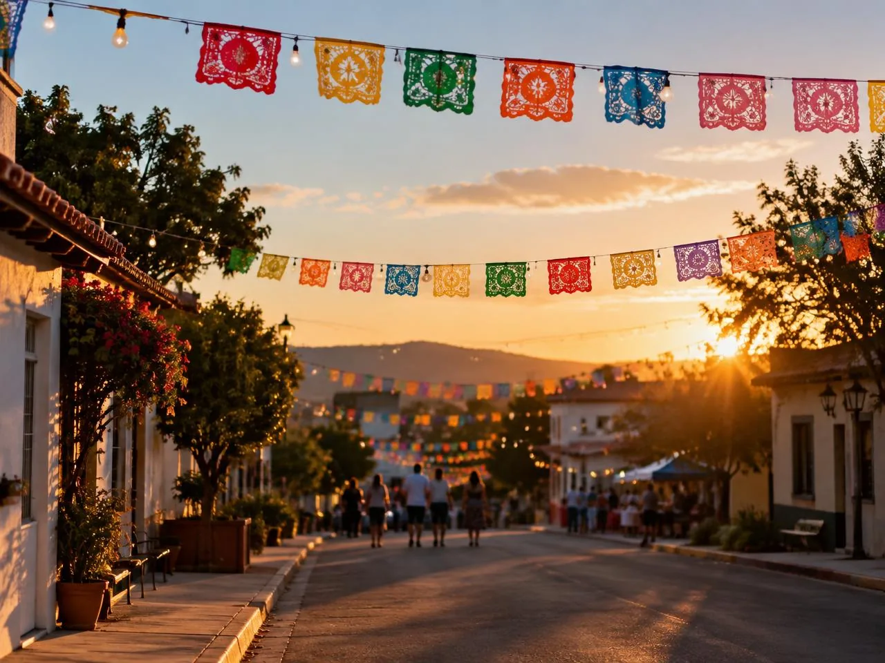 A small-town street with string lights, colorful paper banners, and distant people on a warm evening