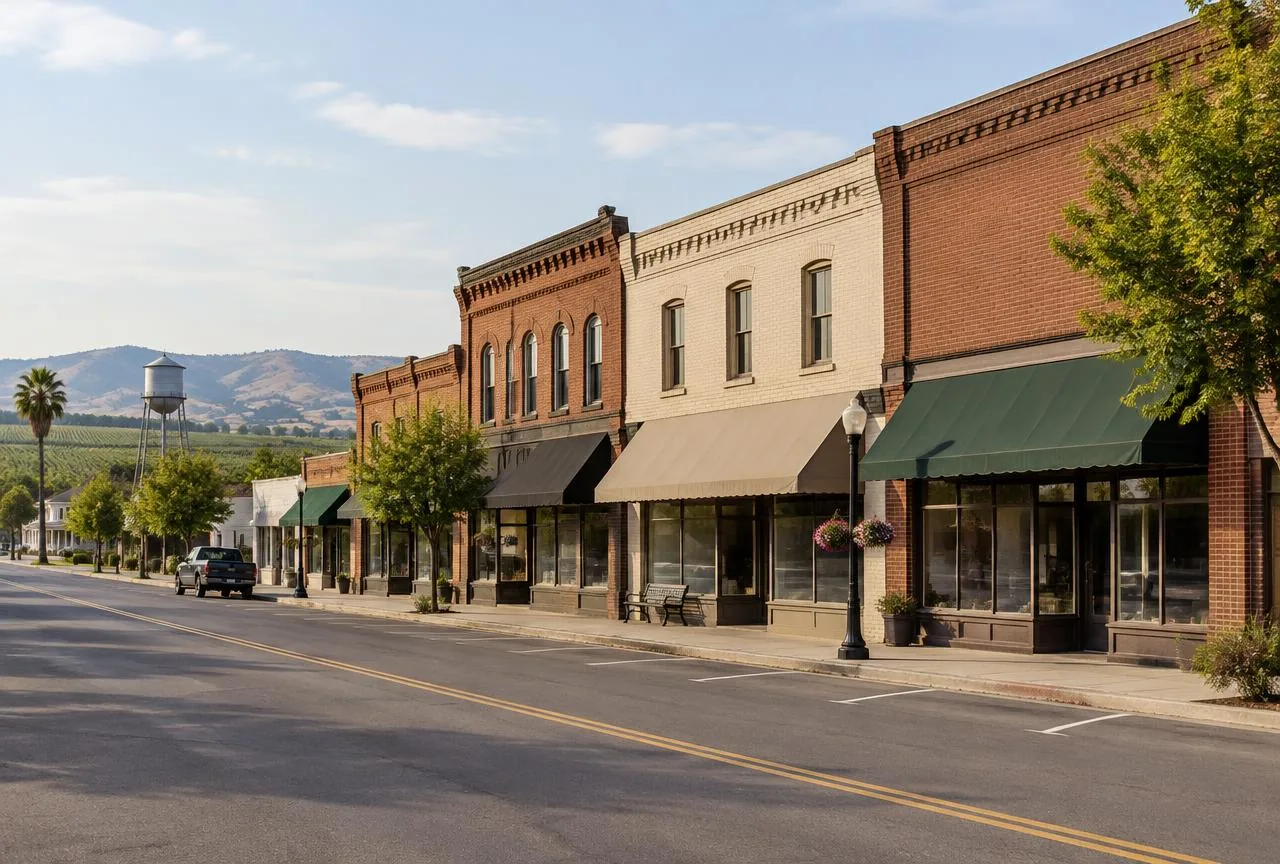 A quiet small-town main street lined with low historic brick storefronts and green awnings